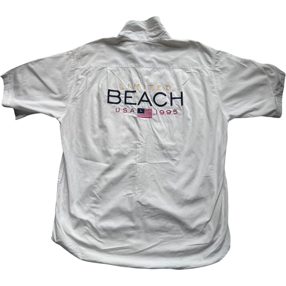 The Limited “Beach USA 1995” Embroidered Back SS Button Up Shirt Vintage